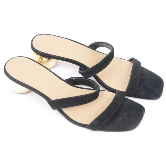 Ann Taylor Black Suede Gold Metallic Spherical Heel Slide Sandal Women's 8.5 - Picture 4 of 8